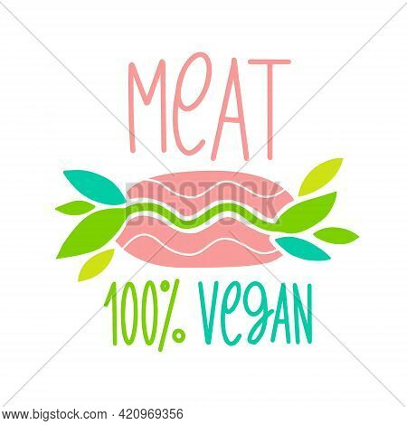 Meat Vegan 100 Percent, Vector Icon. Plant Based Cutlet. Green Leaves Instead Of Minced Meat. Vegan 