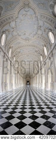 Venaria (turin), Italy - 05 23 2015: Vertical Panorama Of The Baroque Galleria Grande (also Known As