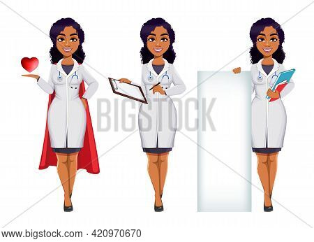 Medicine And Pandemic Concept. African American Female Doctor Wearing White Coat With Stethoscope. A