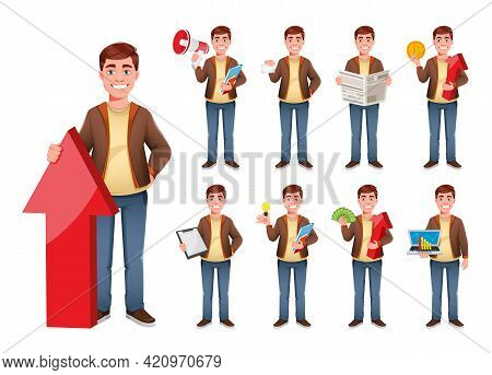 Handsome Business Man Cartoon Character, Set Of Nine Poses. Young Businessman. Stock Vector Illustra
