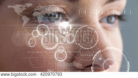 Composition of scope scanning data processing over woman's face. digital interface and identity concept digitally generated image.