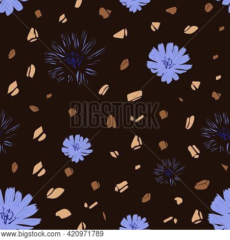 Seamless Pattern With Chicory Drink. Flowers Chicory For Wallpaper Design. Vector Print Illustration