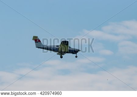 Piper Pa-28-181 Archer Aircraft Is Approaching At The Airport Saint Gallen Altenrhein In Switzerland