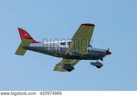 Piper Pa-28-181 Archer Aircraft Is Approaching At The Airport Saint Gallen Altenrhein In Switzerland