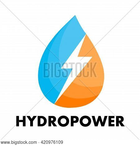Water Drop Logo With Lightning Hydropower Concept, Vector Art Illustration.