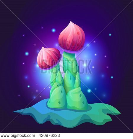 Vector Cartoon Magic Mushroom Game Concept Design. Beautiful Fungus With Blue Pileus Bright Glow. Ca