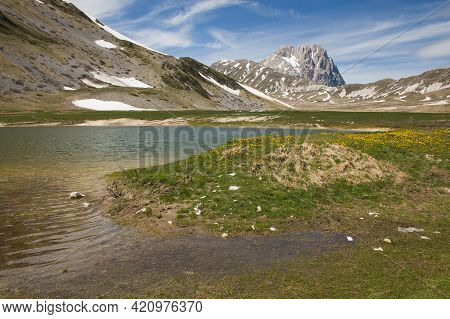 Panoramic View Of Pietranzoni's Lake In The Gran Sasso's National Park And Laga Mountain, Abruzzo