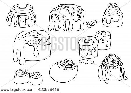 Set Of Delicious Cinnabon Buns In Doodle Style. Set Of Swirl Buns. Cinnamon Rolls With Sugar, Toppin