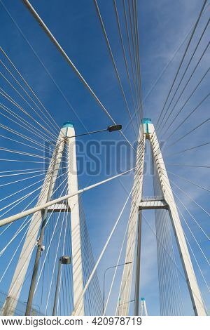 cable stayed bridge against blue sky background