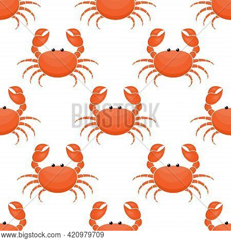 Crab Cute Pattern Background. Seafood Seamless Pattern. Vector Underwater Illustration On White
