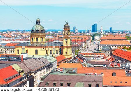 Panoramic View Of Theatine Church And Odeonsplatz In Munich Germany . Central City View Of Capital A