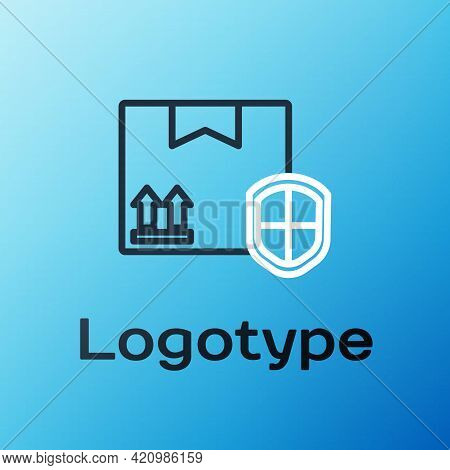 Line Delivery Pack Security With Shield Icon Isolated On Blue Background. Delivery Insurance. Insure