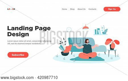 Peaceful Woman Doing Yoga At Home Flat Vector Illustration. Cartoon Calm Female Character Sitting In