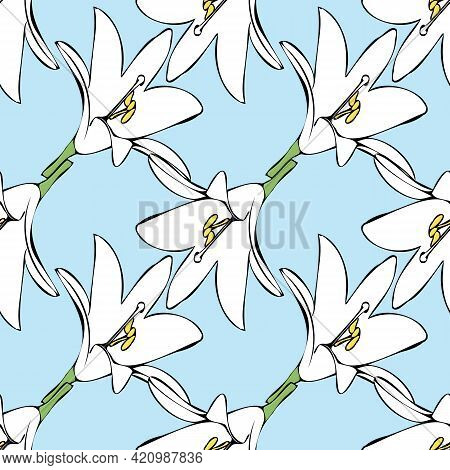 Vector Blue Background White Yellow Lemony Floral Seamless Pattern. Lilies. Seamless Pattern Backgro