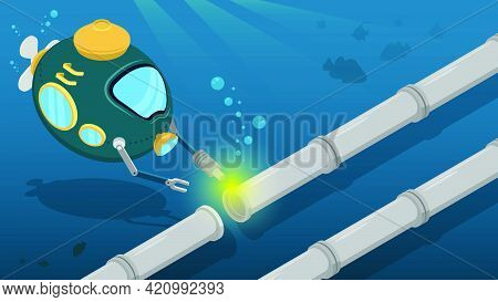 Deep Sea Robot Bathyscaphe Repairs Pipeline. Complex Engineering Work Underwater. Oil Pipeline Layin