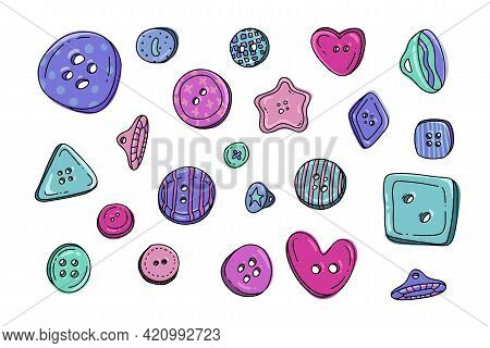 Button Clothes Doodle Set. Collection Of Colorful Kids Plastic Cloth Round Buttons In Cartoon Style.