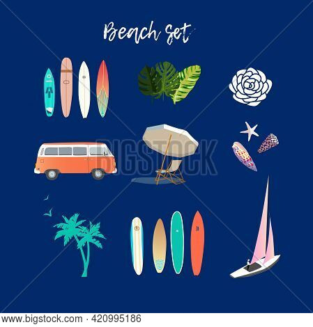 Vector Image, Summer Beach Set Consisting Of Surfboards, Parasol, Seashells, Palms, Ship And Flower.