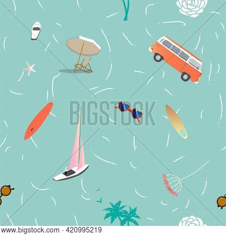 Vector Image, Seamless Pattern In Beach Style. A Picture With A Bus, A Ship, Glasses, An Umbrella, A