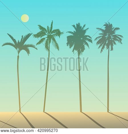 Vector Illustration, Image Of Palms On A Bright Sunny Summer Day