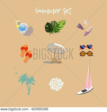 Vector Image, Summer Beach Set Consisting Of Glasses, Parasol, Flip Flops, Seashells, Palms, Ship An