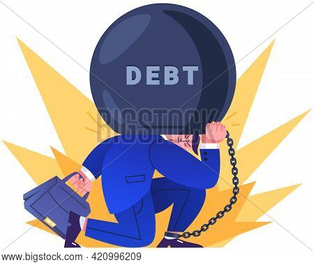 Office Worker In Suit Tied By Chain To Large Burden. Entrepreneur Holding On His Back Huge Weight Of