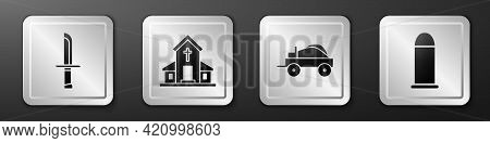 Set Military Knife, Church Building, Wild West Covered Wagon And Bullet Icon. Silver Square Button. 