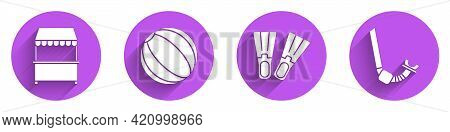 Set Street Stall With Awning, Beach Ball, Rubber Flippers And Snorkel Icon With Long Shadow. Vector