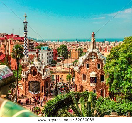 Ceramic mosaic Park Guell in Barcelona, Spain. Park Guell is the famous architectural town art designed by Antoni Gaudi and built in the years 1900 to 1914