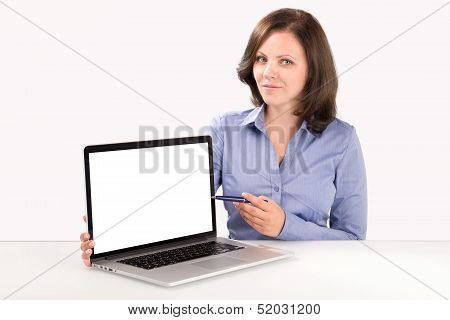Business Woman Is Demonstrating Something On The Laptop Screen