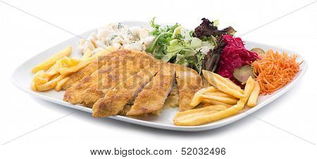 Chicken schnitzel with salad and pasta on the side isolated on white background   