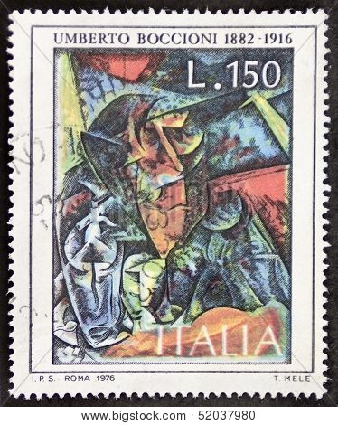 ITALY - CIRCA 1976: a stamp printed in Italy celebrates Umberto Boccioni (1882 - 1916), Italian painter and sculptor, showing his painting Decomposition of Woman's Figure. Italy, circa 1976