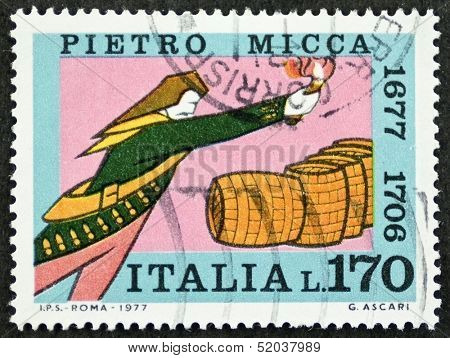 ITALY - CIRCA 1977: a stamp printed in Italy celebrates the heroic action of Pietro Micca, Italian military hero. Italy, circa 1977