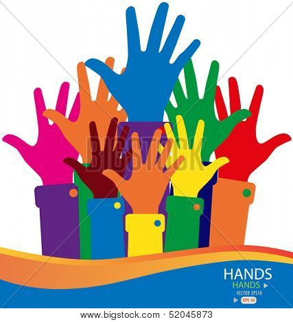 Colorful raised hands. Vector illustration.