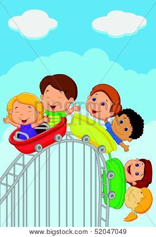 Cartoon kids riding roller coaster