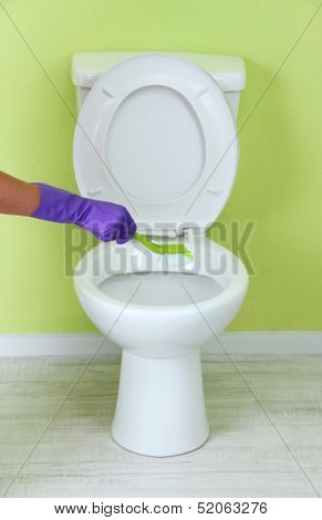 Woman hand with brush cleaning a toilet bowl in a bathroom