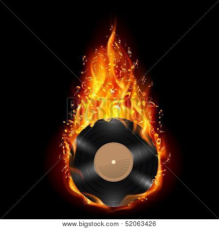 Vinyl disc in flames of fire.