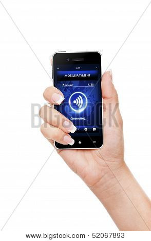 Hand Holding Phone With Mobile Payment Connection