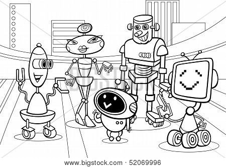 Robots Group Cartoon Coloring Page