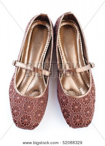 Pair of brown lace flora pattern casual woman shoes isolated on white background