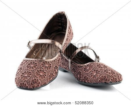 Pair of brown lace flora pattern casual woman shoes on white background