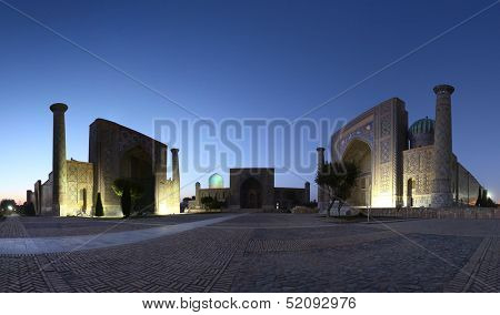 Registan square with oriental buildings at twilight. Samarkand, Uzbekistan