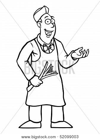 Black and white greengrocer showing something
