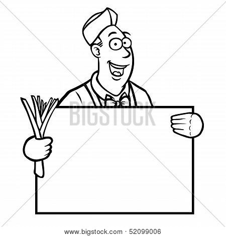 Black and white greengrocer holding a sign