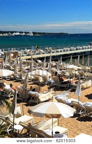 View on the beach from Croisette promenade in Cannes, France