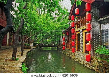 Street And Canal In Lijiang, China, Oil Paint Stylization
