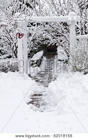Path leading to a house after heavy snowfall