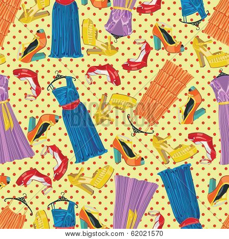 Colored Dresses,open Shoes And Polka Dot In Seamless Pattern