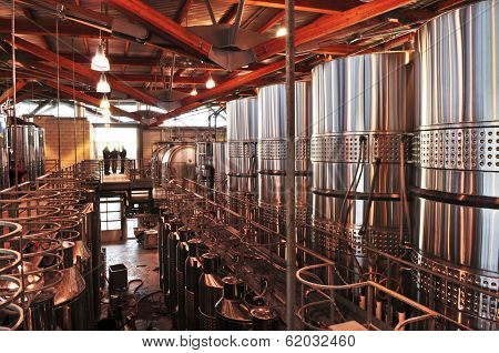 Wine making vats and equipment in tour of winery