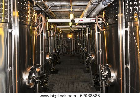 Wine making vats and equipment in tour of winery