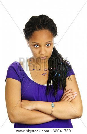 Isolated portrait of beautiful black teenage girl pouting